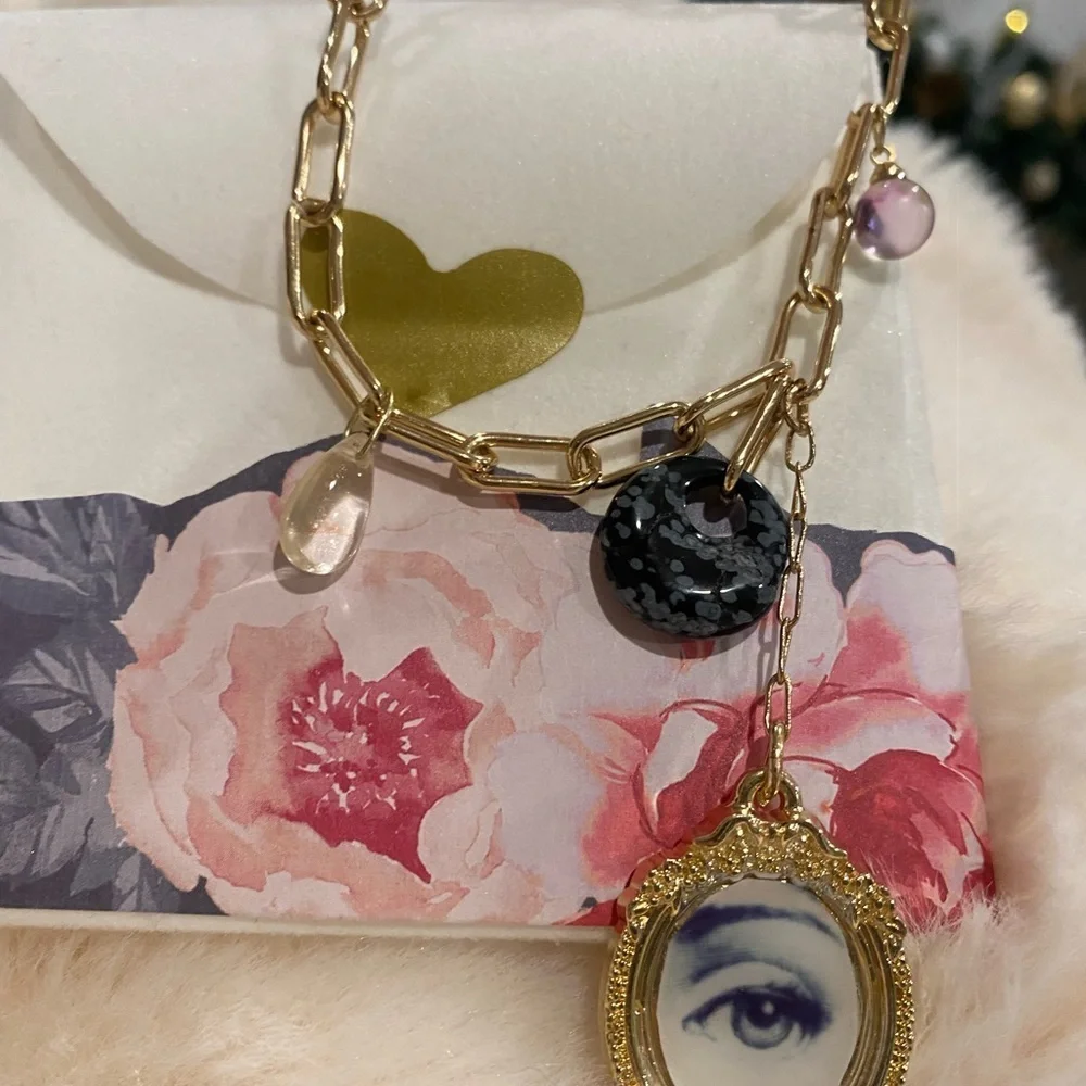 Fornasetti Golden paper clip chain Evil Eye Pendant Necklace 18in
